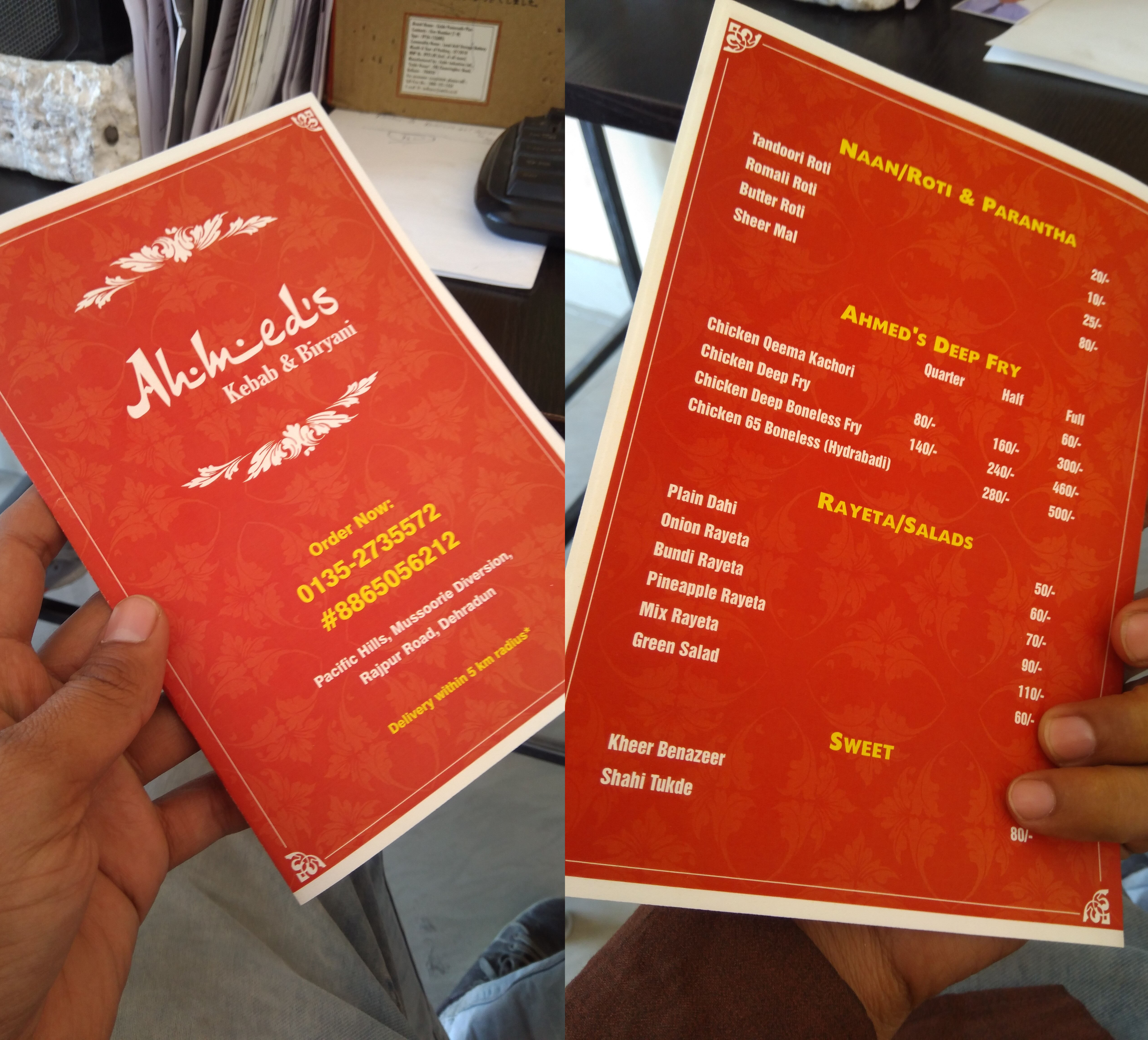 Take Away Menu for Dehradun Based Restaurant