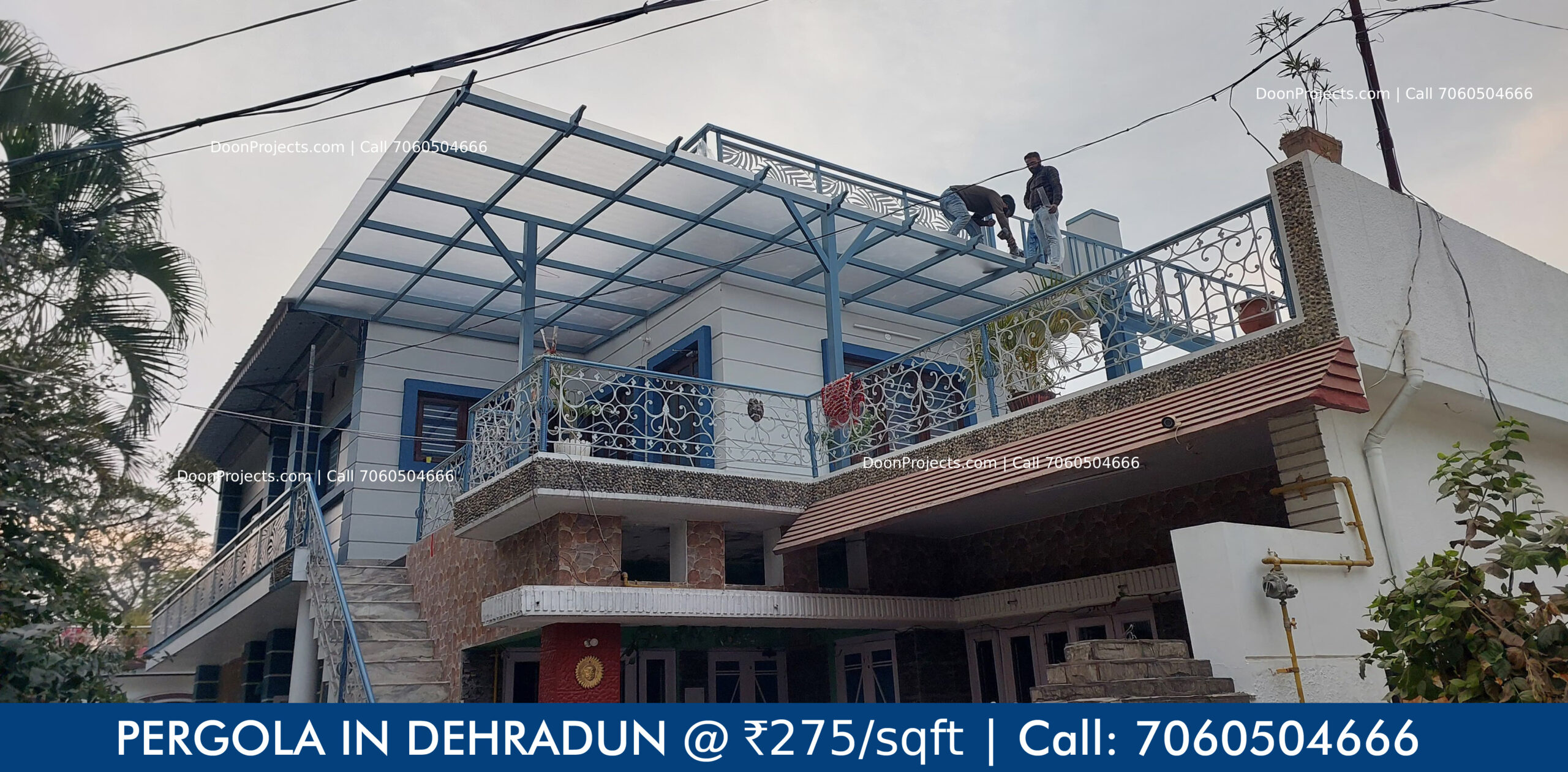 Polycarbonate Pergola 2mm Frosted Sheet Polycarbonate Pergola completed at Kargi Chowk, Dehradun for Mukesh Barthwal Ji. Area 370sqft, Sheet - 2mm Frosted Polycarbonate Sheet. Cost Rs. 275/sqft.