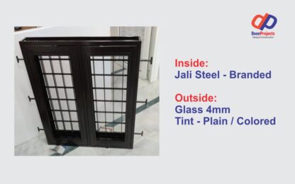 In the Prefabricated houses that we build, we use Metal Windows. In which Jali + Glass remains, a grill is placed on the glass window. It is sent to the site after finishing and red oxide. We have used 4mm plain glass in it, and also used the best quality of steel.