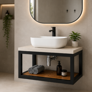 Modern floating bathroom vanity with black MS steel frame, polished granite stone top, white countertop basin, and CNC slotted rubberwood shelf in a contemporary bathroom.