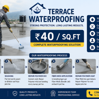Worker applying Damp Proof waterproof coating on a residential terrace after Repair Polymer and Fiber Mesh reinforcement by Doon Projects in Dehradun.